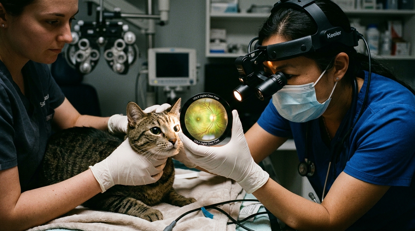 Veterinary ophthalmic examination inspecting retinal vasculature for hypertensive retinopathy in a hyperthyroid cat.