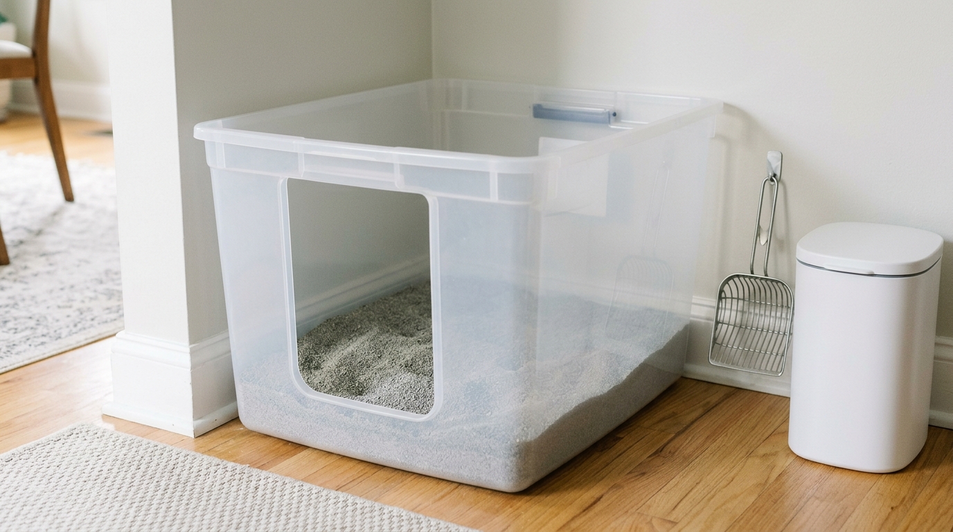 Figure 2: Optimal Feline Litter Box Architecture — Senior-accessible open-top litter station adhering to the 1.5x body length formula with low-entry cutouts, fine sand-like clumping substrate, and dual escape routes in a quiet, well-ventilated alcove.