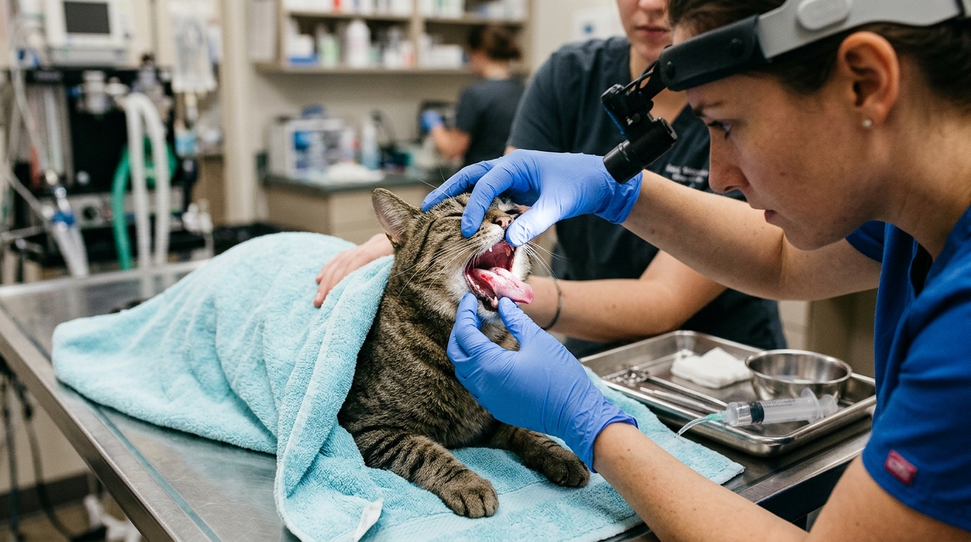Veterinarian using dental examination headlamp inspecting severe chemical burn ulcerations on cat's tongue in clinical prep suite