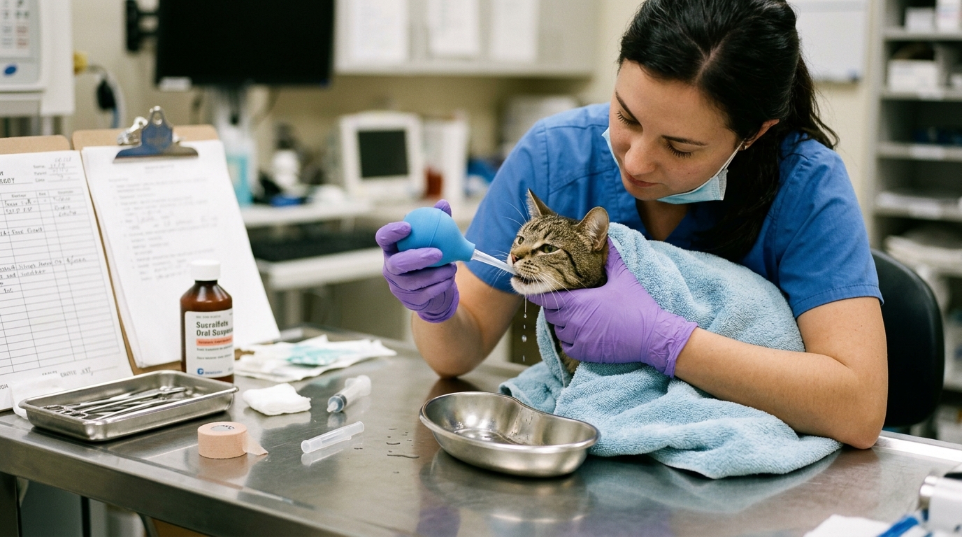 Veterinary nurse performing gentle oral cavity water irrigation on swaddled cat with bulb syringe to flush calcium oxalate crystals