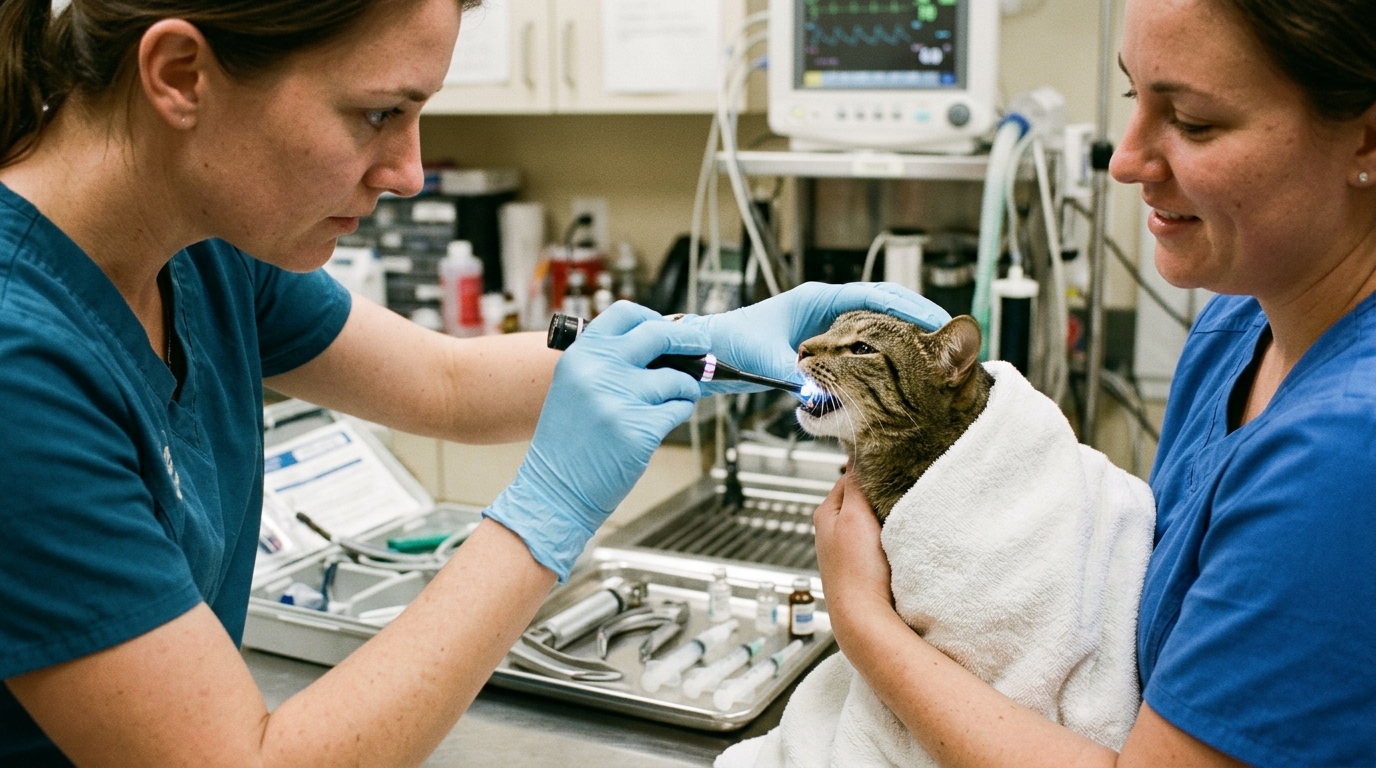 Figure 2: Feline Oropharyngeal Inspection & Airway Triage — Emergency veterinary examination utilizing an illuminated fiber-optic scope to assess pharyngeal swelling, palatal irritation, and airway patency after mechanical oxalate injury, backed by standby intubation equipment.