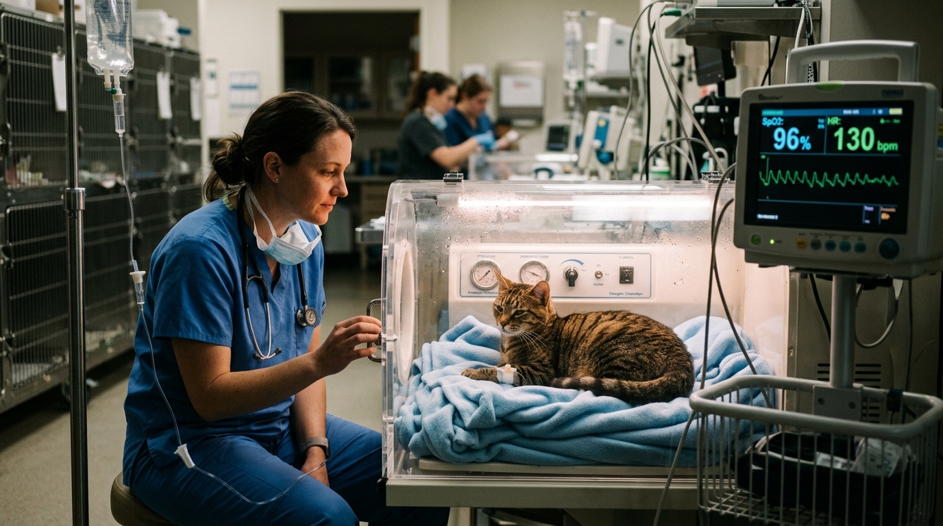 Veterinarian monitoring cat in intensive care oxygen chamber with active vital signs monitor and IV line