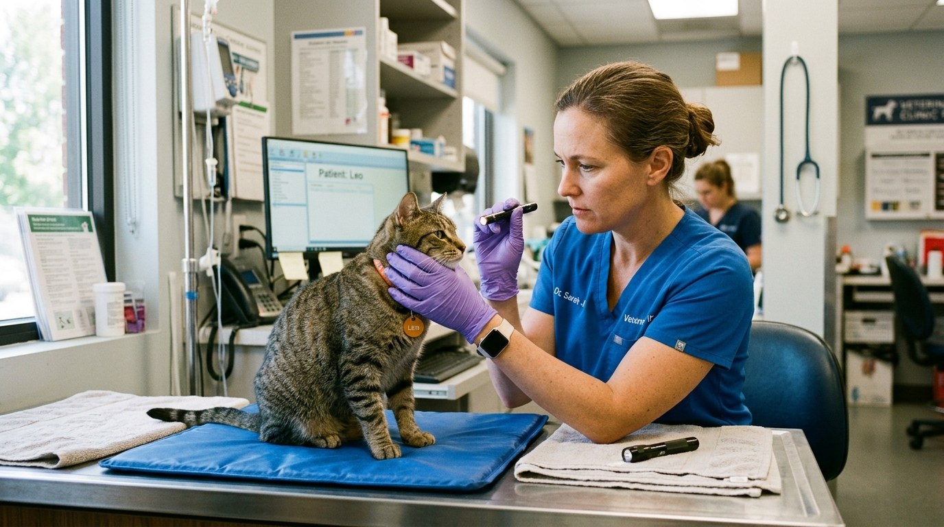 Clinical examination of feline displaying characteristic permethrin-induced facial and ear fasciculations
