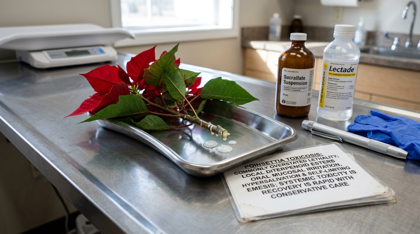 Poinsettia leaves with milky white diterpenoid sap beads on medical tray beside Poinsettia Exposure Protocol card, sucralfate bottle, and penlight