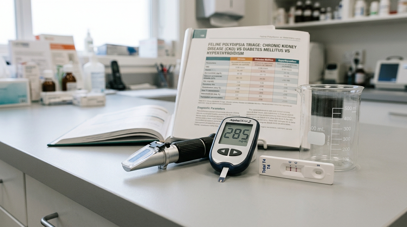 Clinical diagnostics showing polyuria polydipsia triad and fructosamine monitoring equipment