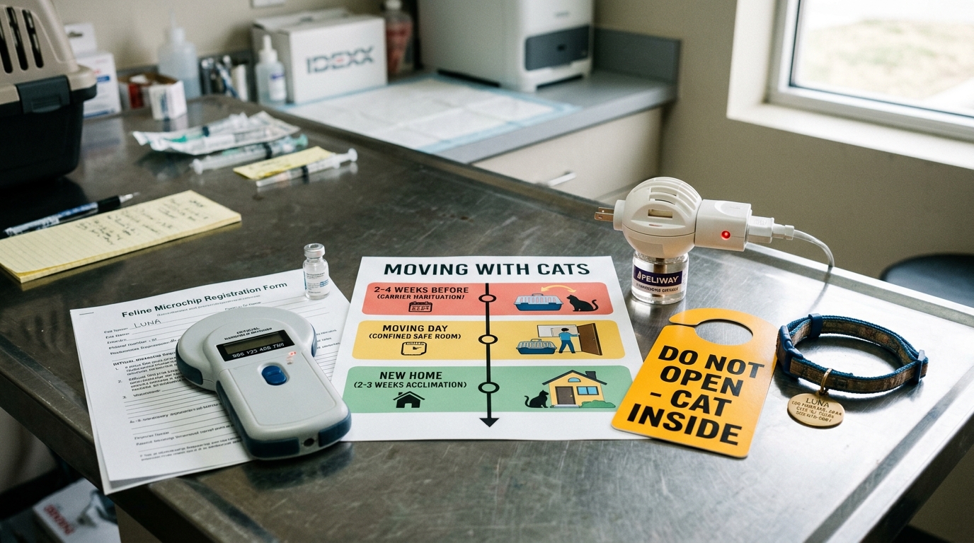 Figure 1: Feline Relocation Logistics & Moving Timeline Exhibit — Macro display of the 3-stage feline moving timeline chart, microchip registration updates with RFID scanner, pheromone diffusers, and emergency door warning notices preventing escape.