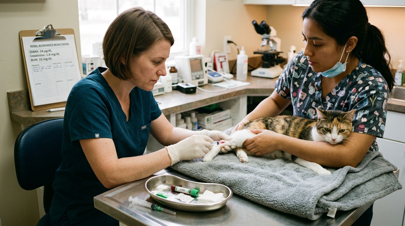 IRIS feline chronic kidney disease diagnostic laboratory panel showing SDMA, creatinine, and urine specific gravity.