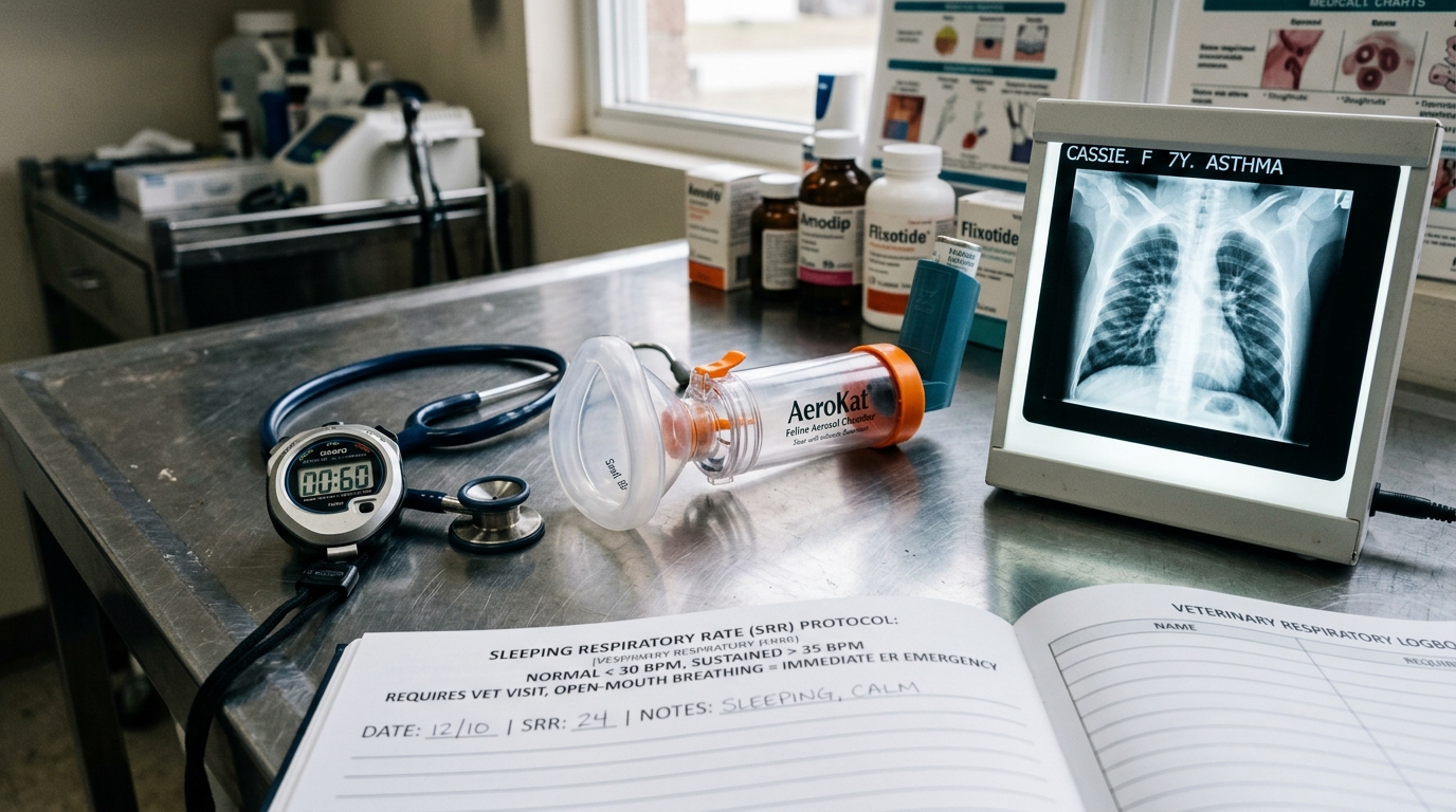 Figure 1: Feline Respiratory Rate Monitoring & AeroKat Inhaler Exhibit — Macro view of a digital 60-second stopwatch, pediatric stethoscope, AeroKat aerosol spacer with silicone mask, feline asthma chest radiograph, and clinical SRR tracking logs.