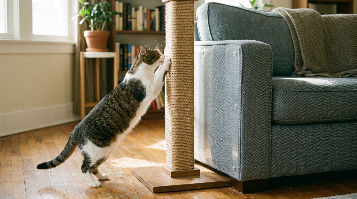 Figure 2: Humane Furniture Redirection in Action — A domestic cat engaging in full isometric vertical scratching on a tall, stable woven sisal post placed directly adjacent to a sofa corner shielded by clear anti-scratch vinyl guard sheets.