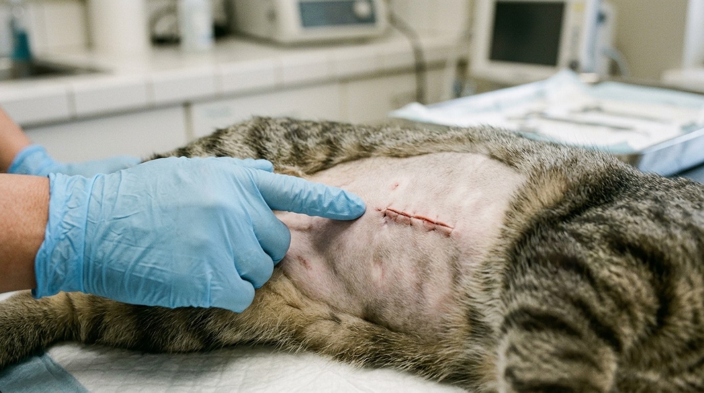 Close-up veterinary photograph of clean, healing feline ventral midline spay incision with intradermal sutures