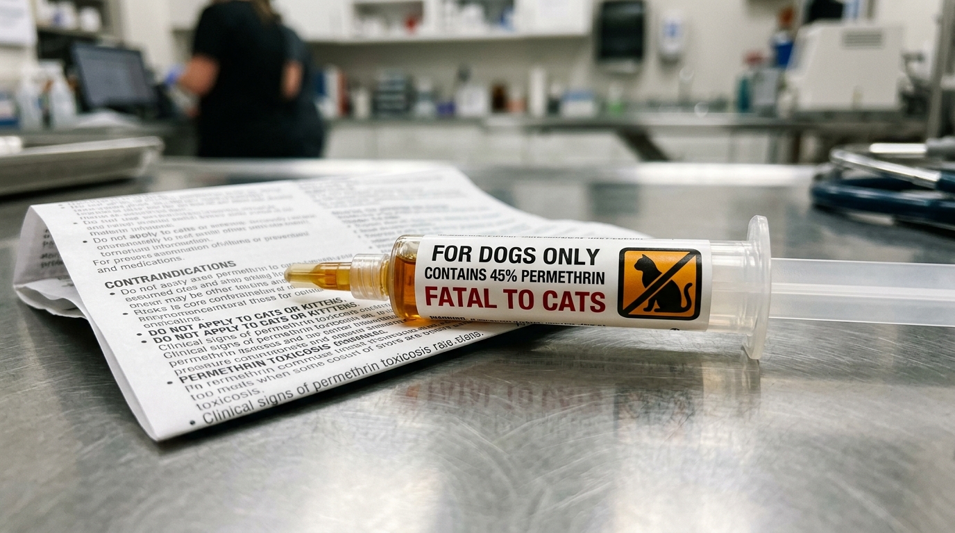 Canine topical flea medication applicator pipette labeled 'FOR DOGS ONLY CONTAINS 45% PERMETHRIN FATAL TO CATS' on clinic table