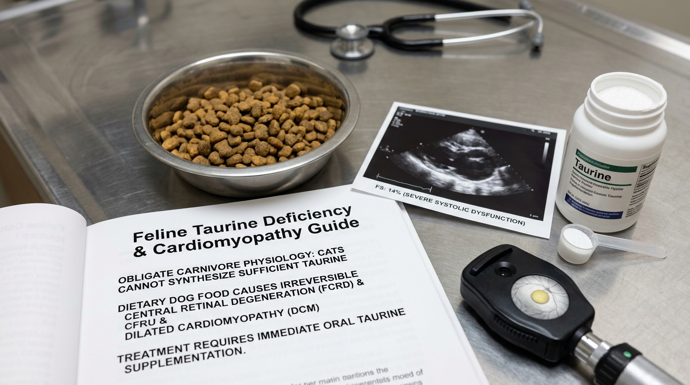 Bowl of generic dog kibble beside Feline Taurine Deficiency Guide, echocardiogram showing severe systolic dysfunction FS 14 percent, and taurine supplement powder
