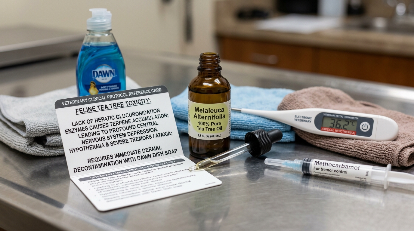 Amber dropper bottle of pure Melaleuca tea tree oil beside Feline Essential Oil Protocol card, Dawn dish soap, thermometer reading 36.2C, and methocarbamol syringe