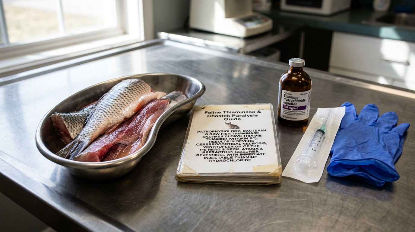 Stainless surgical dish of raw fish fillets beside Feline Thiaminase Chastek Paralysis Guide, amber injectable Thiamine Hydrochloride vial, and syringe