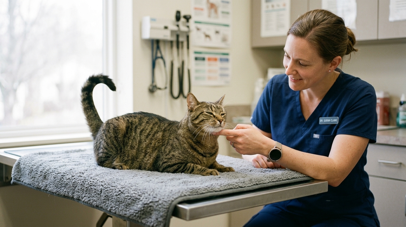 Figure 2: The Three-Second Petting Consent Test in Practice — A veterinary clinician extending a stationary finger to invite voluntary feline cheek bunting, observing the cat's affiliative slow-blink and upright tail tip response before continuing physical interaction.