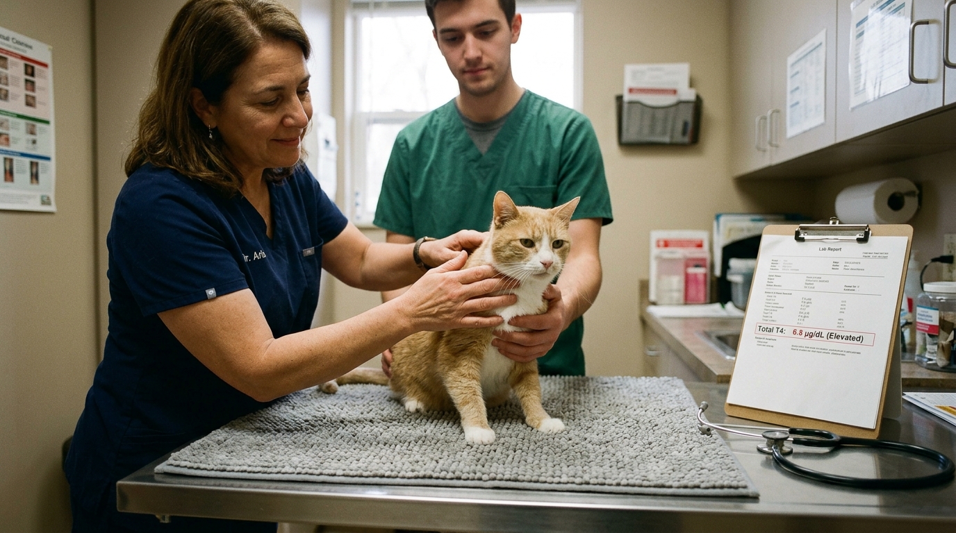 Veterinarian performing thyroid gland palpation on senior cat on clinic table with lab clipboard showing elevated Total T4