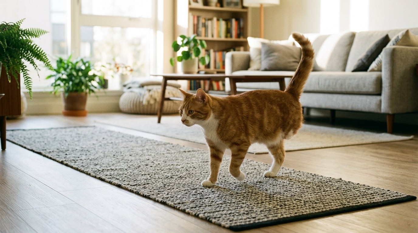 Feline limb amputee comfortably ambulating across secure non-slip carpet runners