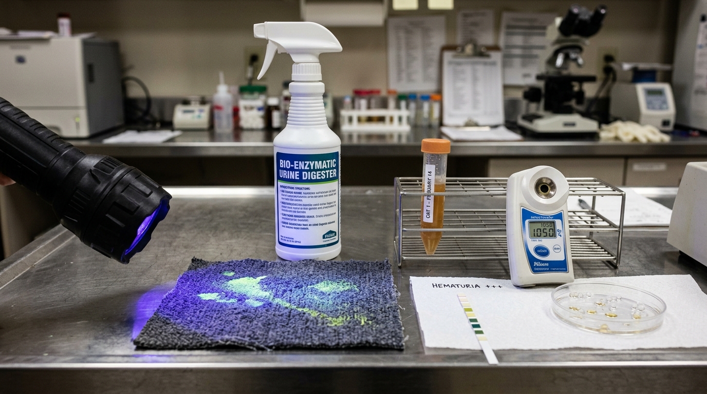 Figure 1: Feline Forensic Urinalysis & Blacklight Detection Exhibit — Macro diagnostic display featuring 365nm UV Wood lamp fluorescence of dried urine crystals beside bio-enzymatic cleaner, clinical specific gravity refractometer (USG 1.050), hematuria test strips, and non-absorbent collection litter.