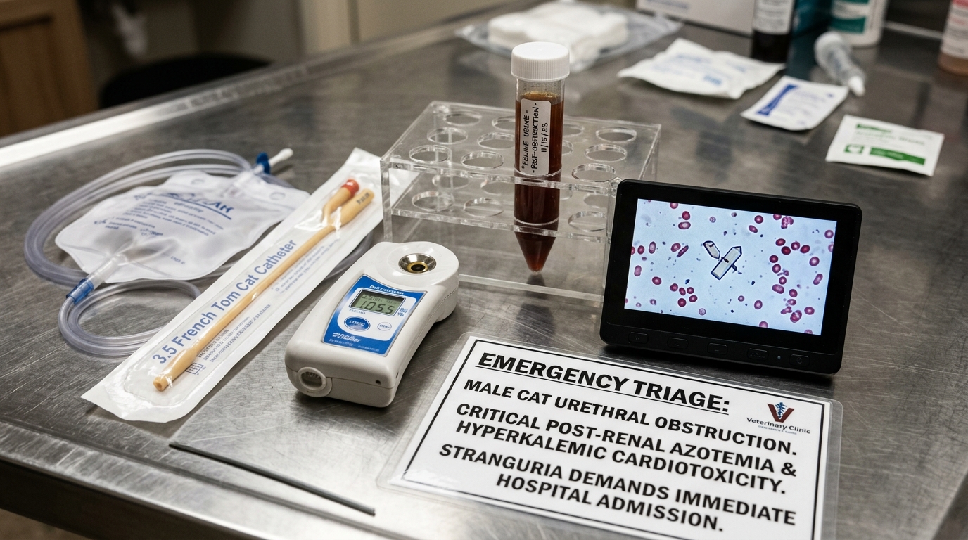 Figure 1: Feline Urethral Obstruction Diagnostics & Triage Catheter Exhibit — Macro view of a bloody urine centrifuge specimen beside a 3.5 French tomcat catheter, refractometer (USG 1.055), struvite micro-viewer, and emergency stranguria protocol card.