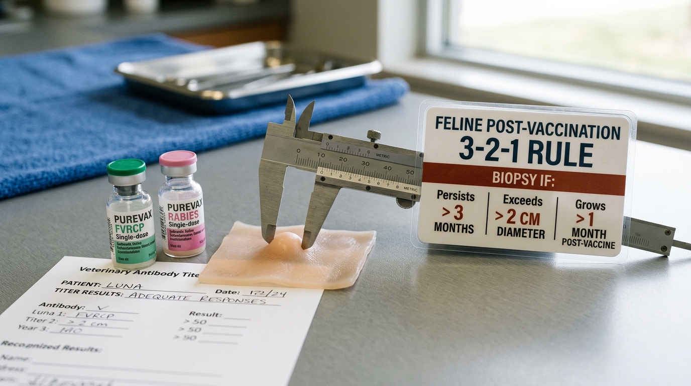 Figure 1: Feline Vaccine Lump Surveillance & 3-2-1 Metric Rule Exhibit — Macro clinical view of a precision vernier caliper measuring a 1cm silicone lump model beside the laminated 3-2-1 post-vaccination monitoring guide, Purevax vaccine vials, and titer test reports.
