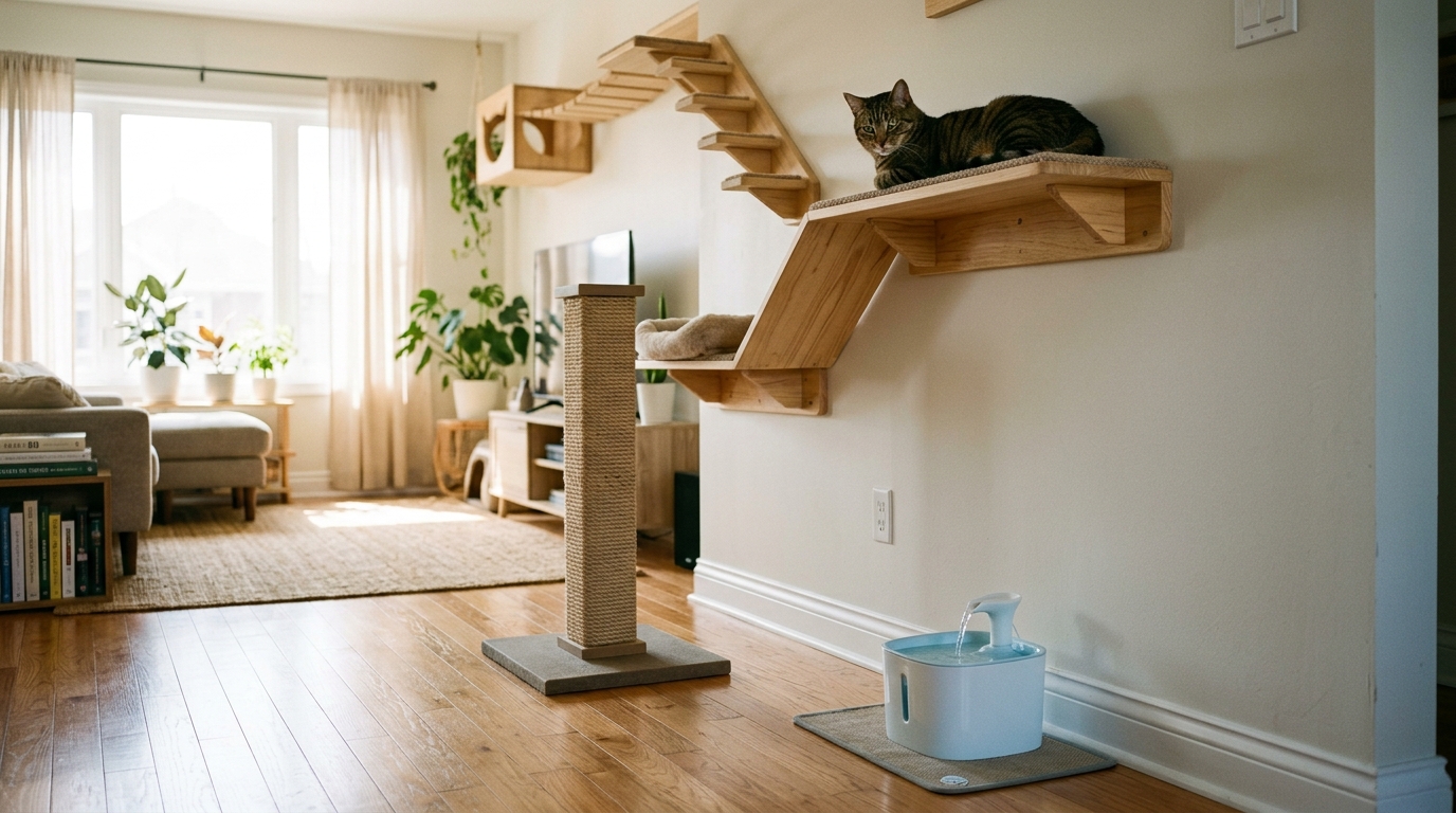 Figure 2: Vertical Territory Architecture & Resource Distribution — Modern indoor feline enrichment showcasing elevated wall perches and vantage walkways by a window, paired with separate hydration fountains and sisal posts positioned away from feeding stations to eliminate resource guarding.