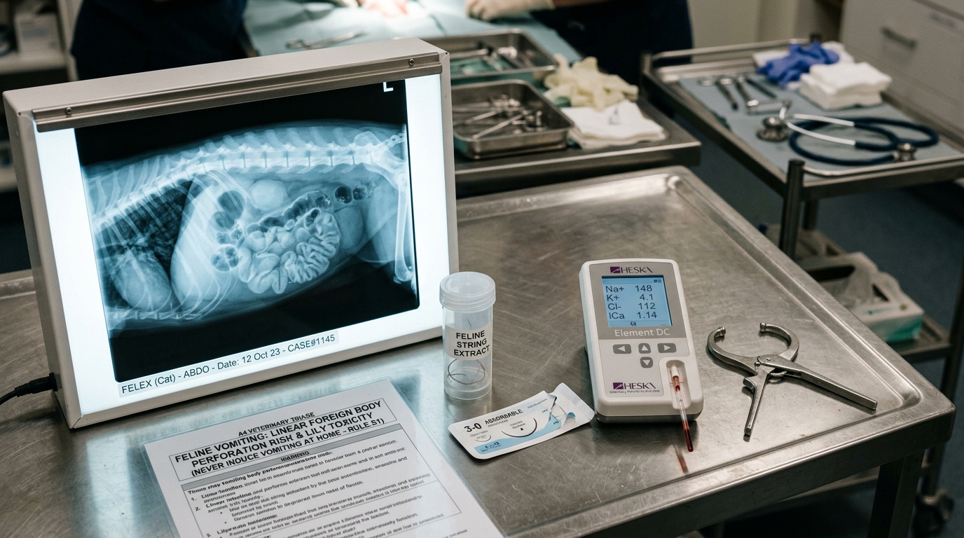 Figure 1: Feline Linear Foreign Body Pathology & Radiographic Triage Exhibit — Macro diagnostic display of an illuminated abdominal radiograph demonstrating classic pleated, plicated small intestinal loops caused by linear string ingestion, alongside a suture specimen vial and emergency triage guidelines.