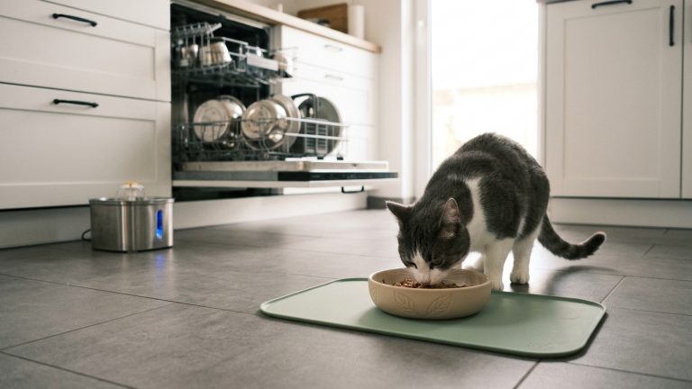Ergonomic wide-rim feeding dish with low-carbohydrate wet canned feline diabetic diet