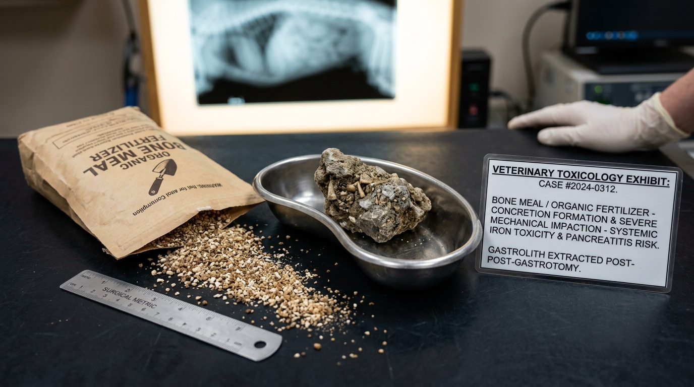 Spilled organic bone meal fertilizer beside extracted concrete-like gastric concretion on metal dish and abdominal radiograph lightbox