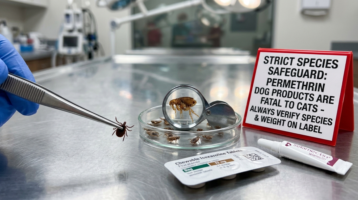 Figure 1: Parasitology & Species Toxicity Safeguard Exhibit — Macro clinical view of fine tick-removal forceps with an intact Ixodes tick beside flea specimens, isoxazoline preventatives, and the mandatory warning: canine permethrin formulations are fatal to felines.