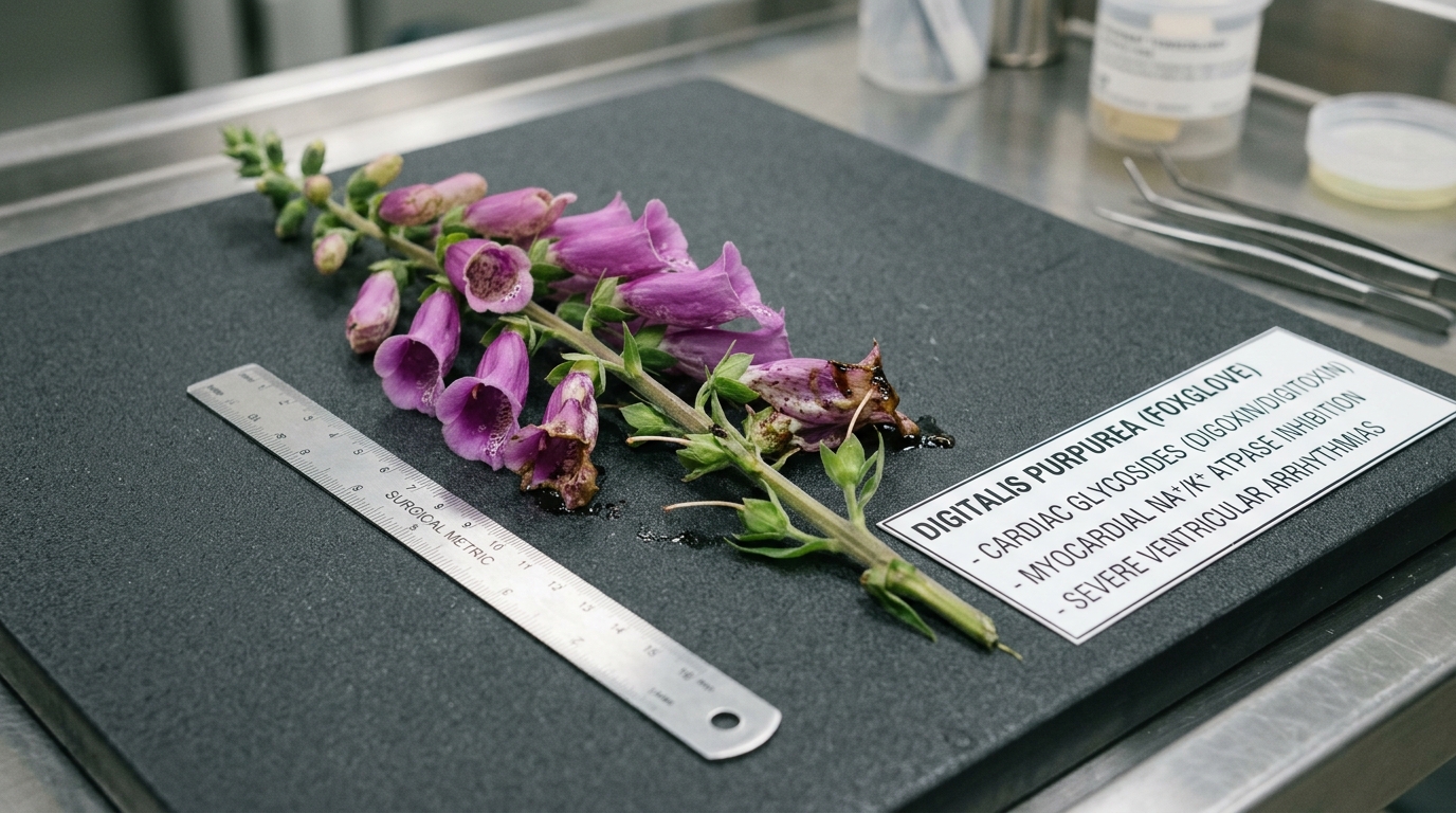 Flowering spike of toxic Foxglove Digitalis purpurea with crushed tubular blossoms beside clinical toxicology placard