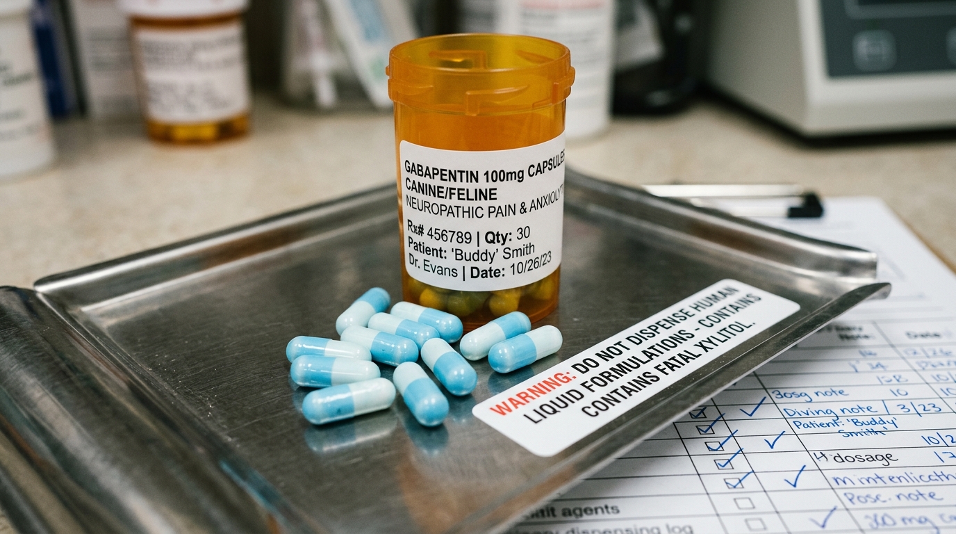 Amber prescription vial of Gabapentin 100mg capsules beside bold red clinical warning label against human liquid xylitol formulations
