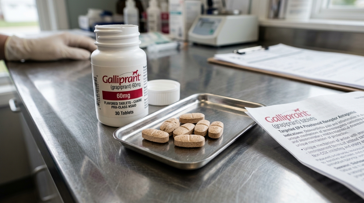 Commercial bottle of Galliprant 60mg grapiprant flavored tablets on stainless prep tray beside clinical EP4 receptor pharmacology leaflet