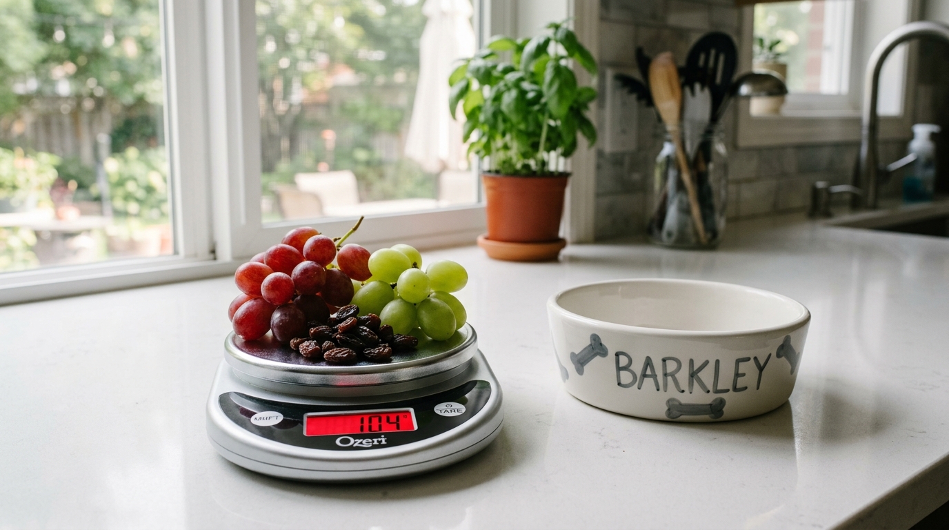 Digital kitchen scale displaying fresh grapes and raisins beside an empty dog food bowl