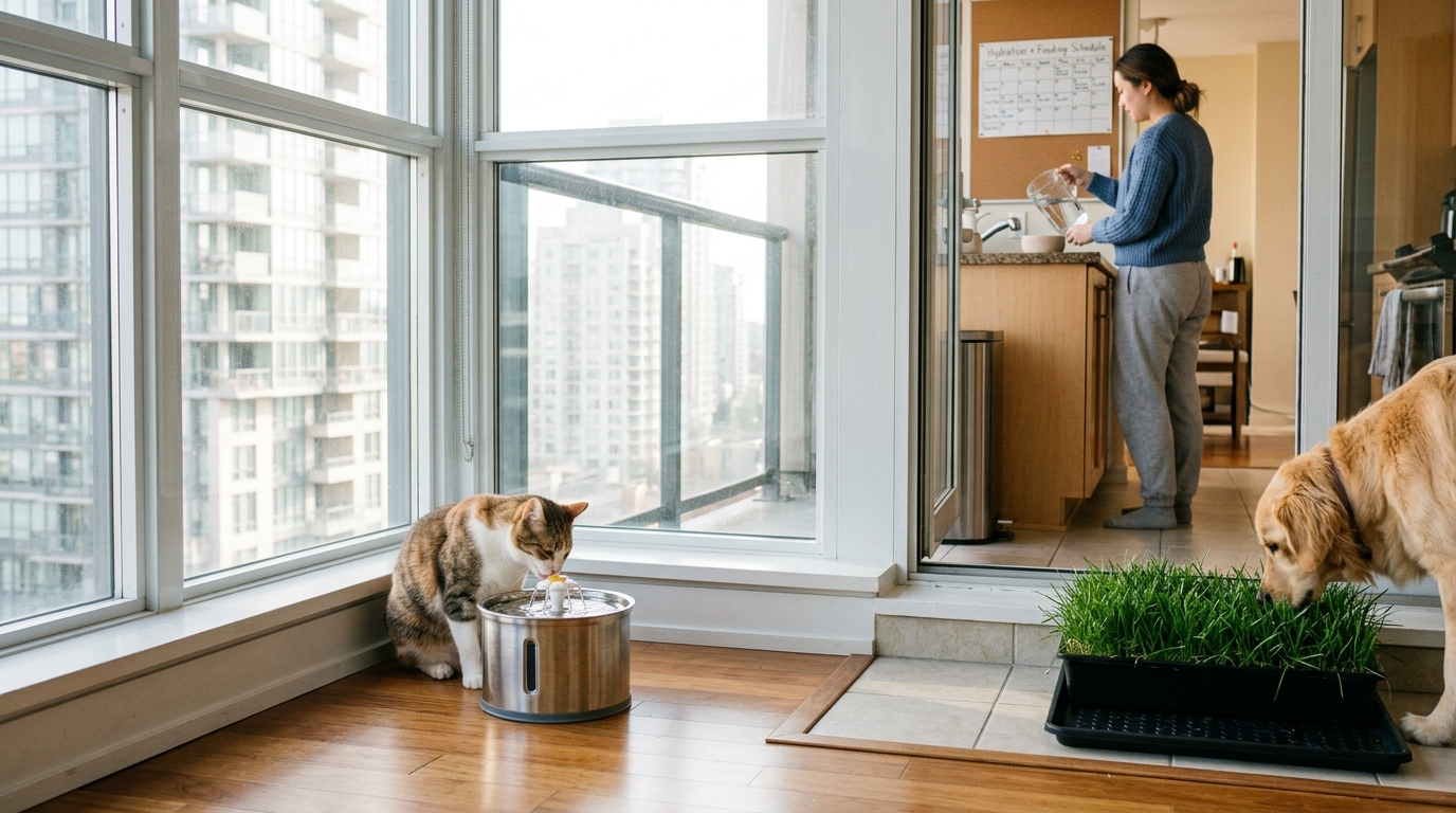Figure 2: Apartment Indoor Hydration & Real-Grass Relief Architecture — A domestic cat drinking from a circulating stainless steel water fountain while a canine indoor drainage porch potty patch provides reliable, accessible elimination in a high-rise home.