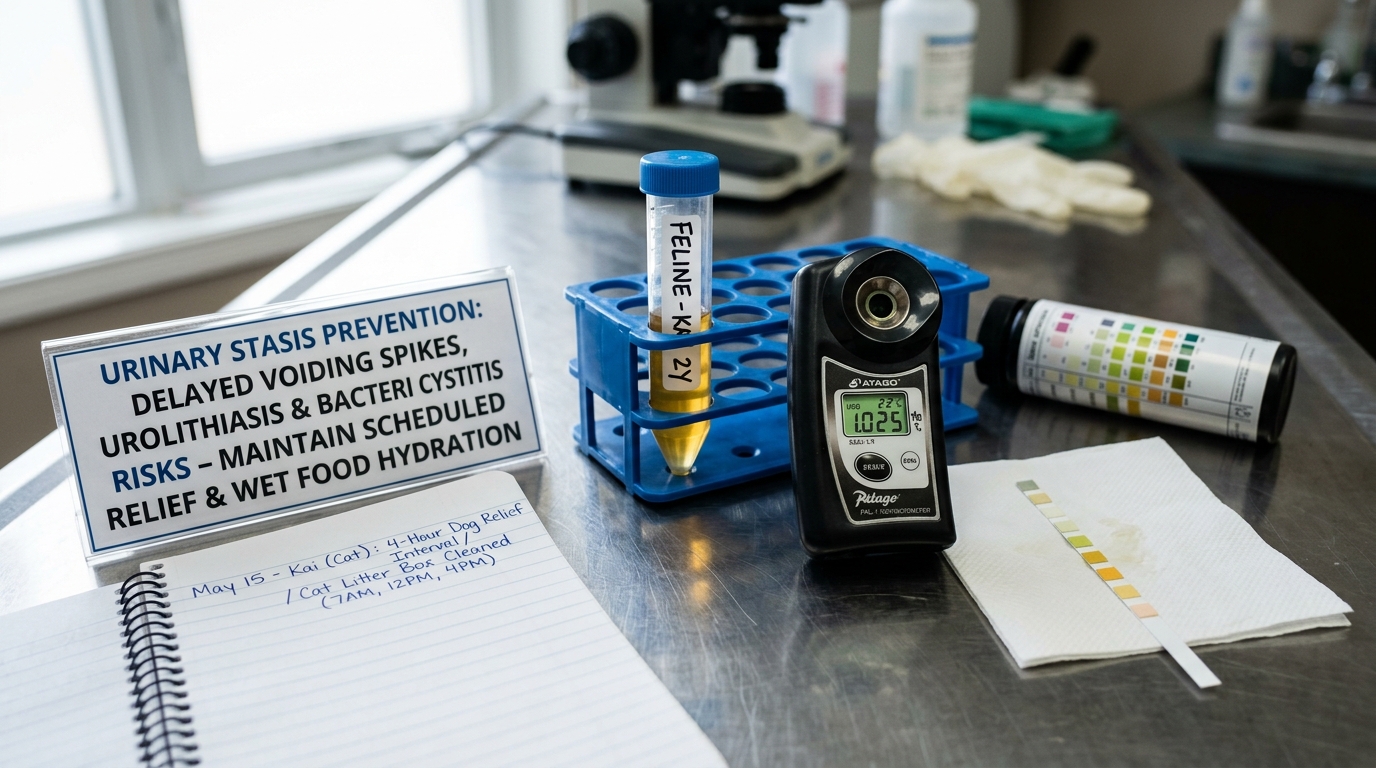 Figure 1: High-Rise Urinary Stasis & Diagnostic Urinalysis Exhibit — Macro display of clinical urine specific gravity refractometer readings (USG 1.025), reagent dipsticks, and an apartment bathroom schedule diary mitigating urinary retention and FIC.