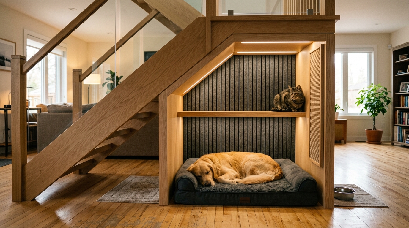 Figure 2: Multi-Species Under-Stair Integrated Pet Sanctuary — A modern built-in home retreat featuring an orthopedic dog bed on the lower floor and an elevated vertical feline perch with acoustic slat paneling, offering security and peaceful multi-pet coexistence.