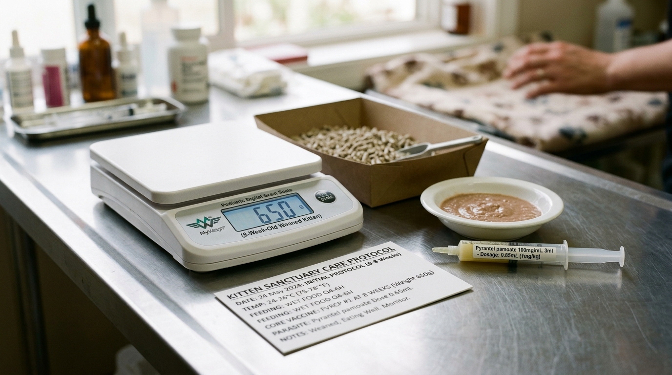 Figure 1: Pediatric Kitten Sanctuary & Baseline Health Exhibit — Macro veterinary display featuring a digital gram scale monitoring growth in an 8-week-old weaned kitten (650 g), non-clumping paper pellet litter, Pyrantel pamoate oral dewormer, and pediatric feeding schedules.