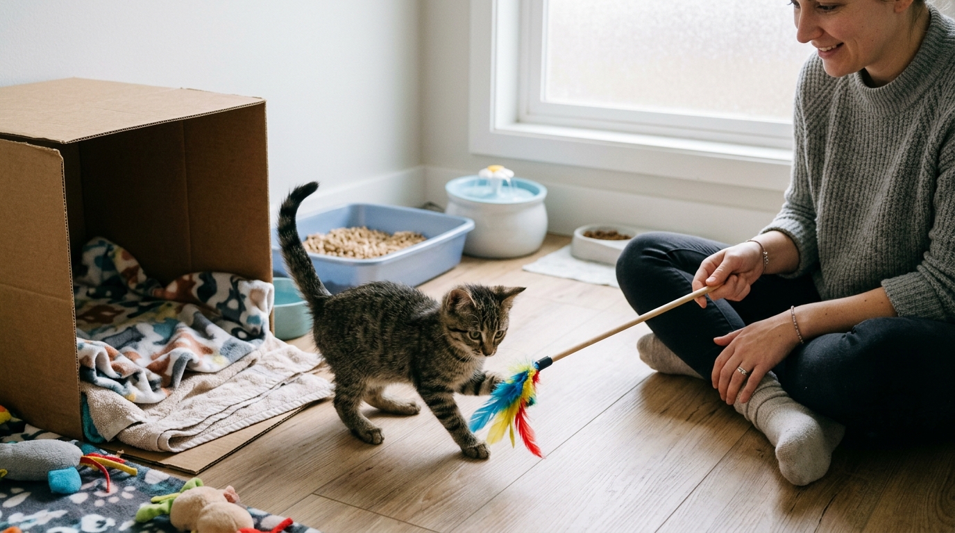 Figure 2: Dedicated Kitten Nursery Sanctuary Setup — A domestic kitten engaging in low-stress exploratory play with a wand toy beside an open fleece-lined cardboard hide box, with clean shallow litter pans and quiet observation protocols to build confidence.