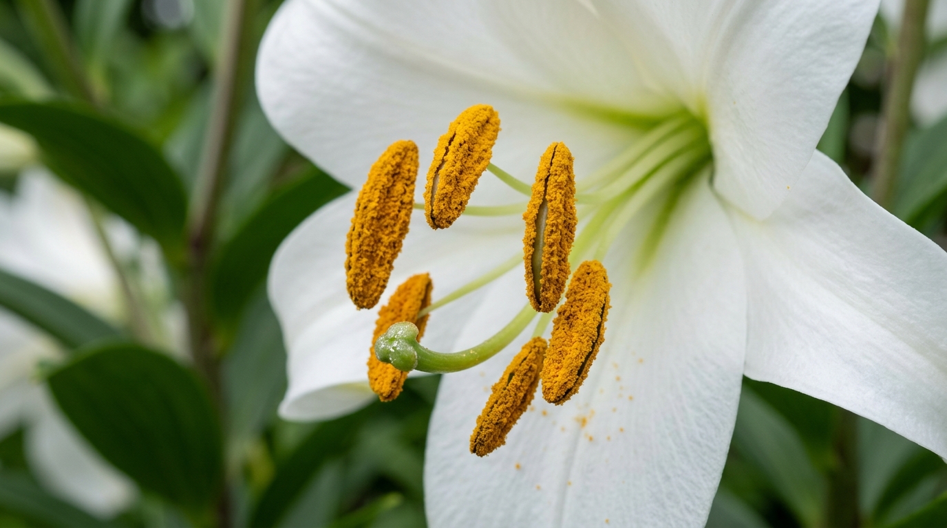 Botanical macro photography of true lily anthers covered in toxic orange pollen
