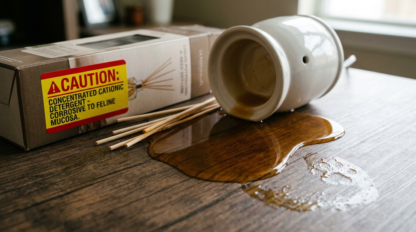 Overturned ceramic liquid potpourri warmer and reed diffuser leaking corrosive oily liquid across table near warning label