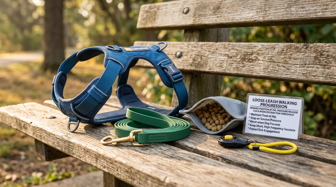 Figure 1: Force-Free Loose-Leash Walking Gear & Reward Positioning Exhibit — Macro display of a dual-clip ergonomic Y-harness, 6-foot fixed biothane leash, pea-sized training treats, clicker, and loose-leash progression training checklist.