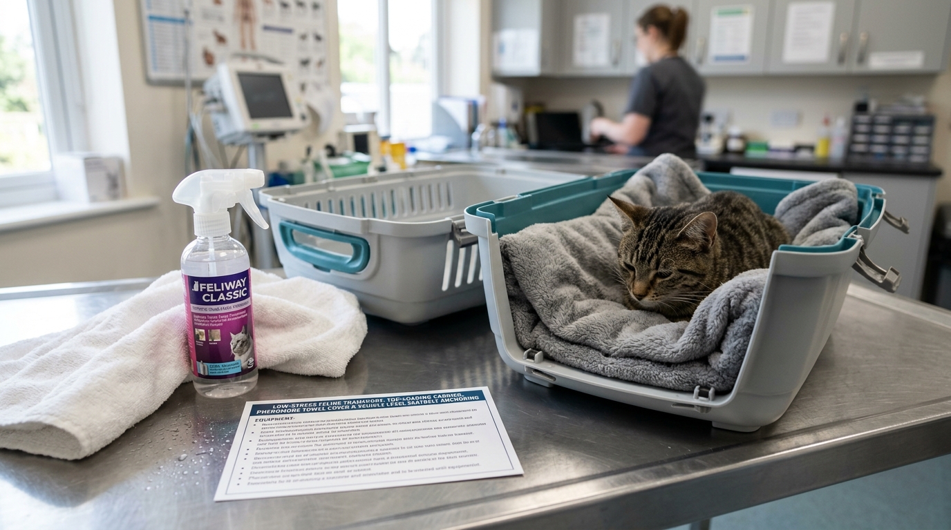 Figure 1: Low-Stress Feline Carrier Architecture Exhibit — Macro clinical view of a two-piece hard-shell carrier with a fully unlatched removable top, plush fleece bedding, synthetic facial pheromone spray (Feliway Classic), and clinical transport guidelines.