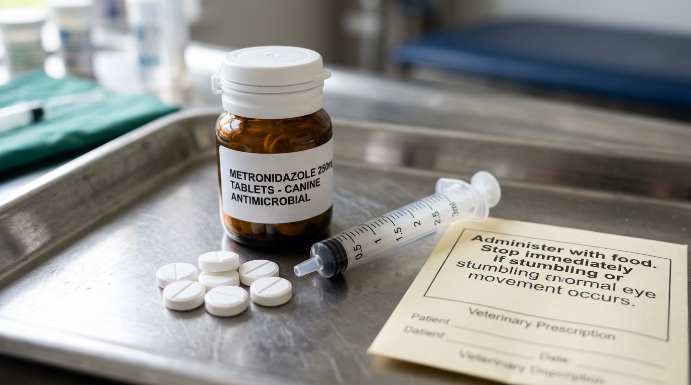 Amber prescription bottle labeled Metronidazole 250mg tablets for canine antimicrobial therapy with oral syringe on clinic tray