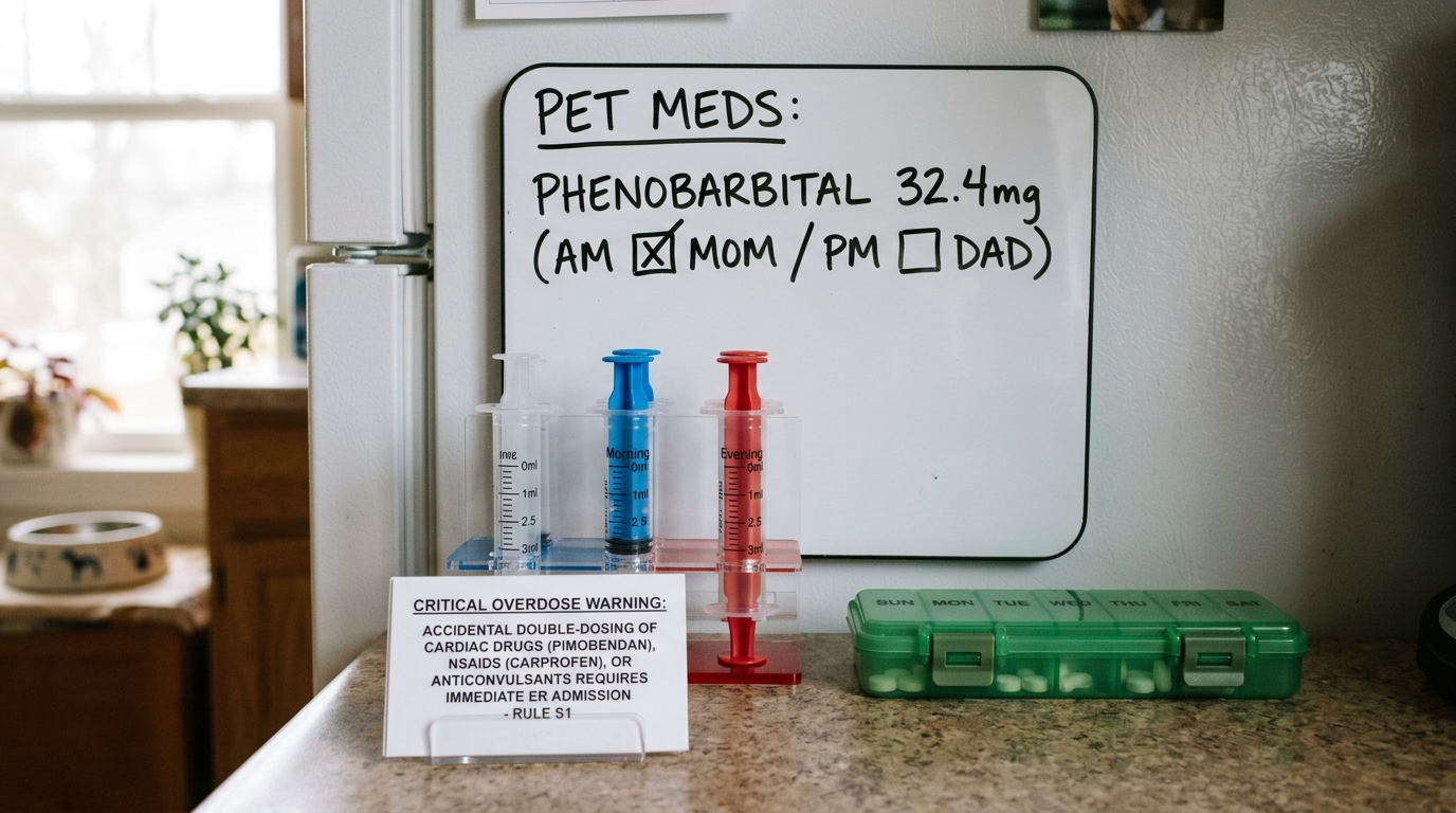 Fourteen-day quarantine schedule and medication tracker whiteboard for newly adopted dog in multi-pet household
