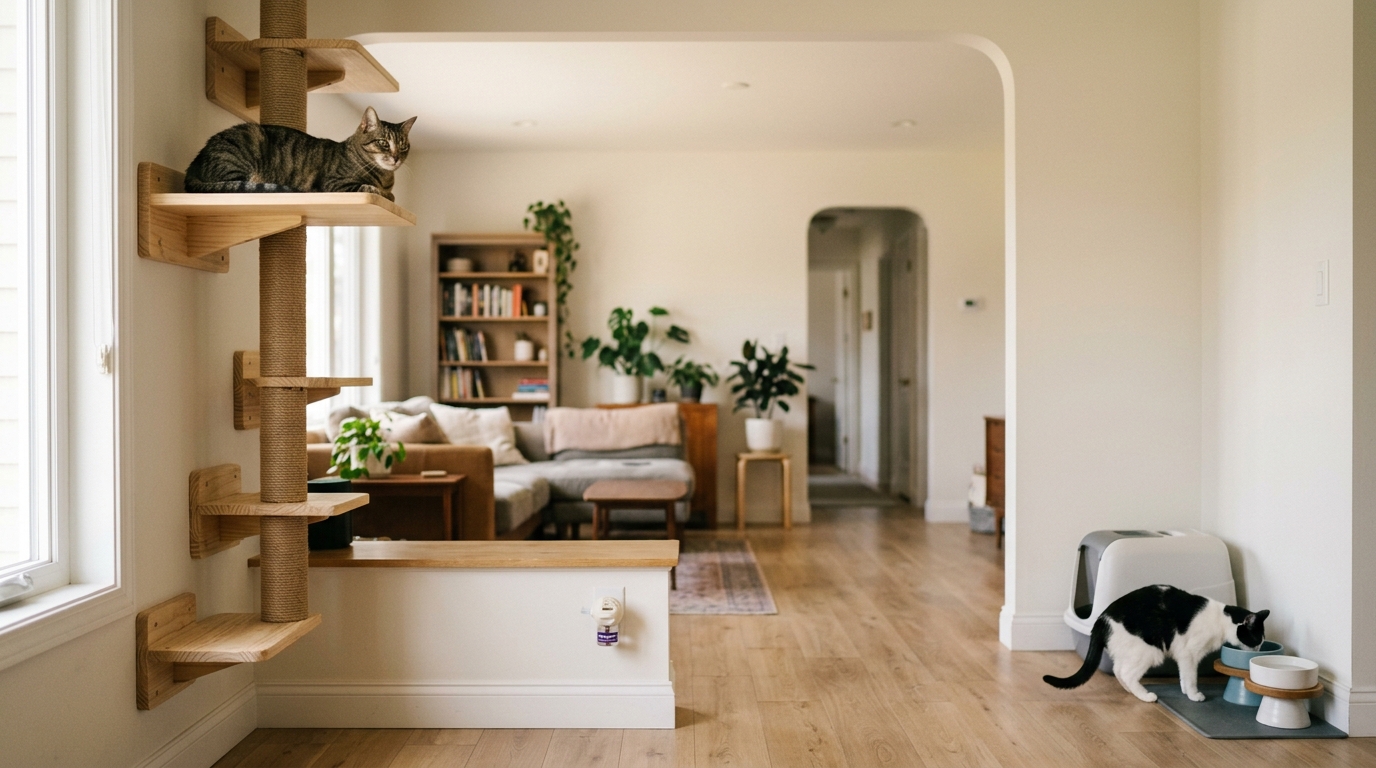Figure 2: Multi-Cat Environmental Harmony & Vertical Territory — Coexistence in a feline-friendly living space featuring elevated wall walkways and separated feeding stations at opposing room ends, preventing mealtime resource guarding and ambush behavior.