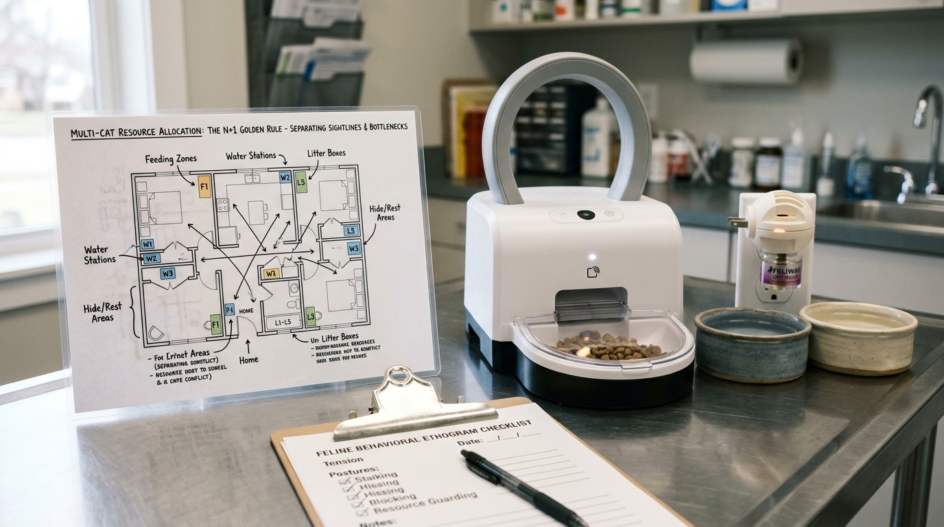 Figure 1: Multi-Cat Resource Architecture & N+1 Distribution Exhibit — Macro clinical view of a microchip-selective feeder (SureFeed), separated ceramic water stations, and multi-cat pheromone diffuser displayed over an evidence-based territorial floor plan eliminating visual bottlenecks.