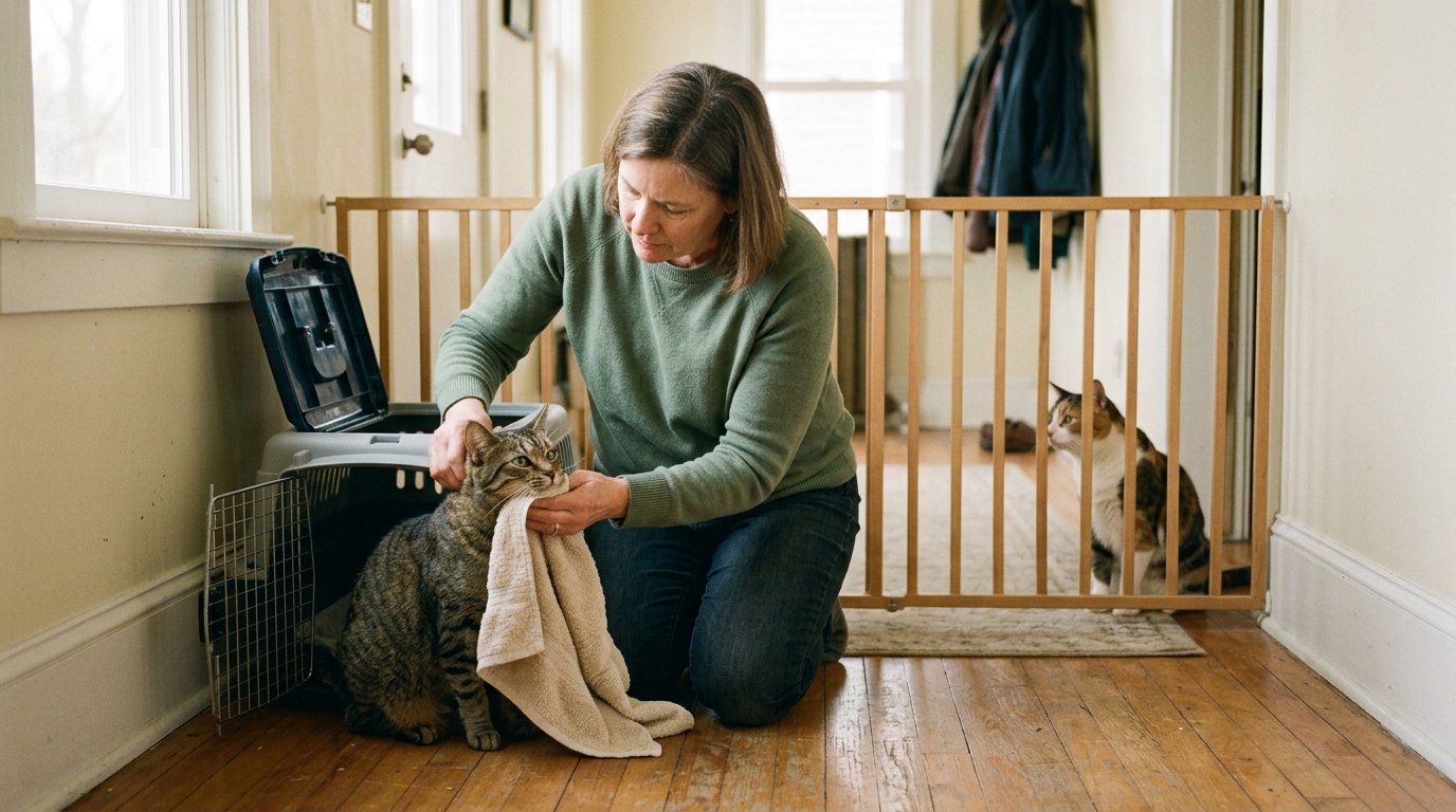 Figure 2: Post-Vet Visit Scent-Swapping & Barrier Re-Introduction — A caregiver gently transferring communal scent onto a returning cat with a soft towel in an entryway before allowing interaction with another resident cat waiting calmly behind a safety gate.