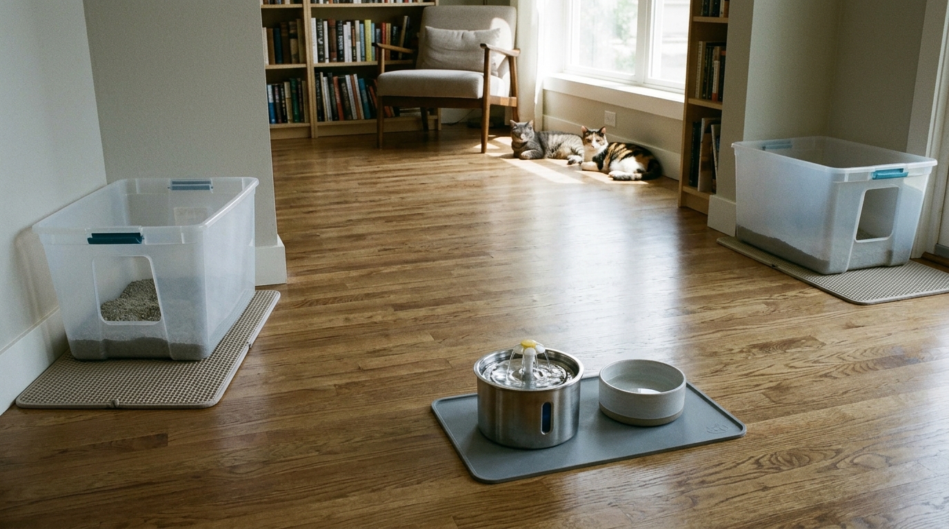 Figure 2: Multi-Cat Separated Elimination Stations & Circulating Hydration — Open-top low-entry litter boxes situated in distinct quiet alcoves with 360-degree exit visibility, alongside an independent water fountain station to eliminate FIC triggers.