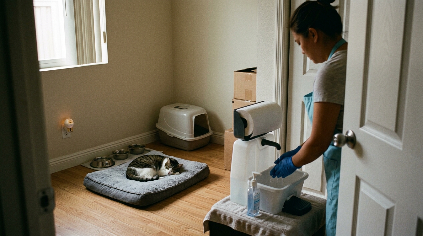 Figure 2: In-Home Multi-Pet Vaccine Biosecurity Quarantine Suite — A newly vaccinated rescue cat resting comfortably in an isolated guest room sanctuary while the owner uses a dedicated sanitation station at the doorway to prevent pathogen spread to resident pets.