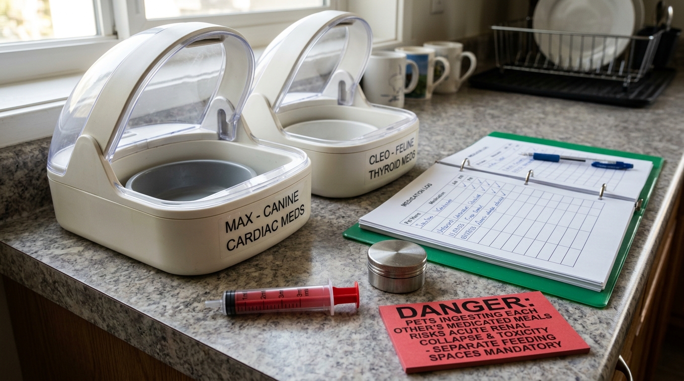 Figure 1: Microchip-Selective Feeding & Cross-Contamination Prevention Exhibit — Macro display of dedicated microchip feeders labeled for individual pets beside family medication binders, precision oral syringes, and emergency warnings against ingesting cross-species medicated meals.